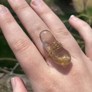 Rutilated Quartz crystal gold color wire wrapped ring